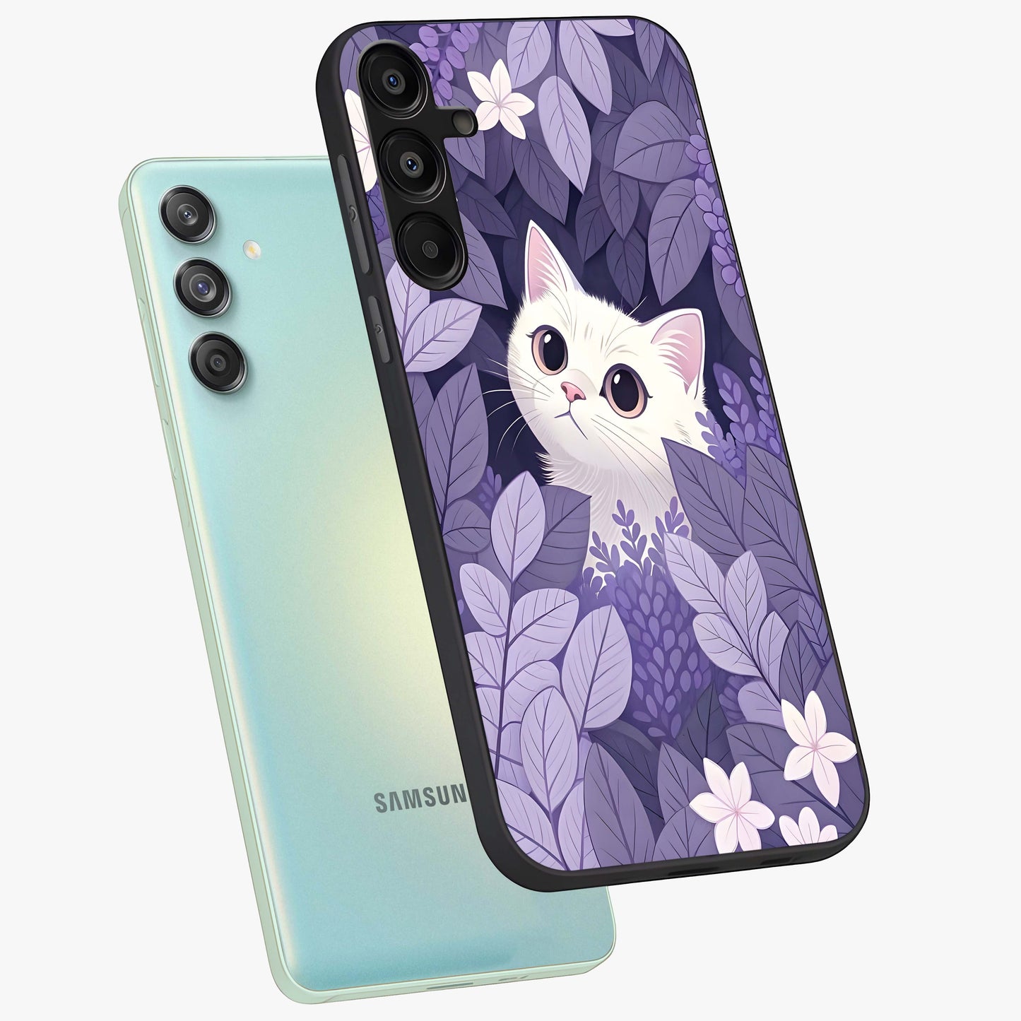 Lilac Hide Peek Cat Glass Case displayed in angled mockup highlighting playful feline illustration with lilac aesthetic design.