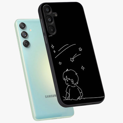 Line Art Boy With Shooting Stars Glass Case displayed in angled mockup highlighting elegant line art design with dreamy star aesthetic.