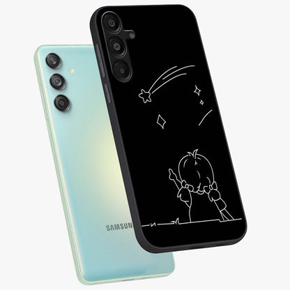Line Art Girl With Shooting Stars Glass Case displayed in angled mockup highlighting elegant line art design with dreamy star aesthetic.