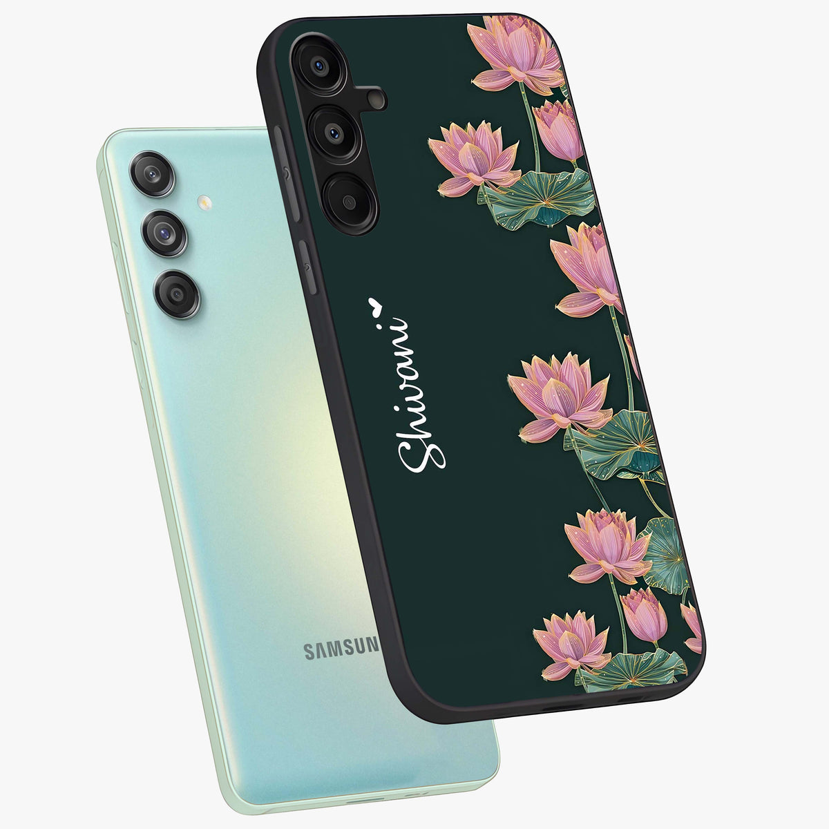 Lotus Bloom Serenity Custom Name Glass Case displayed in angled mockup highlighting graceful lotus illustration with custom name feature.