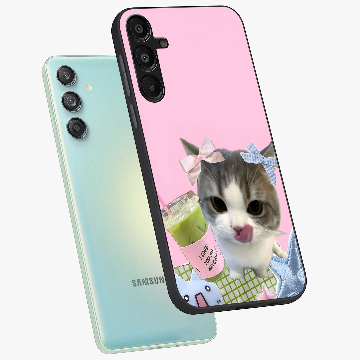 Love Matcha Cat Glass Case displayed in angled mockup highlighting playful feline illustration with cozy matcha aesthetic.