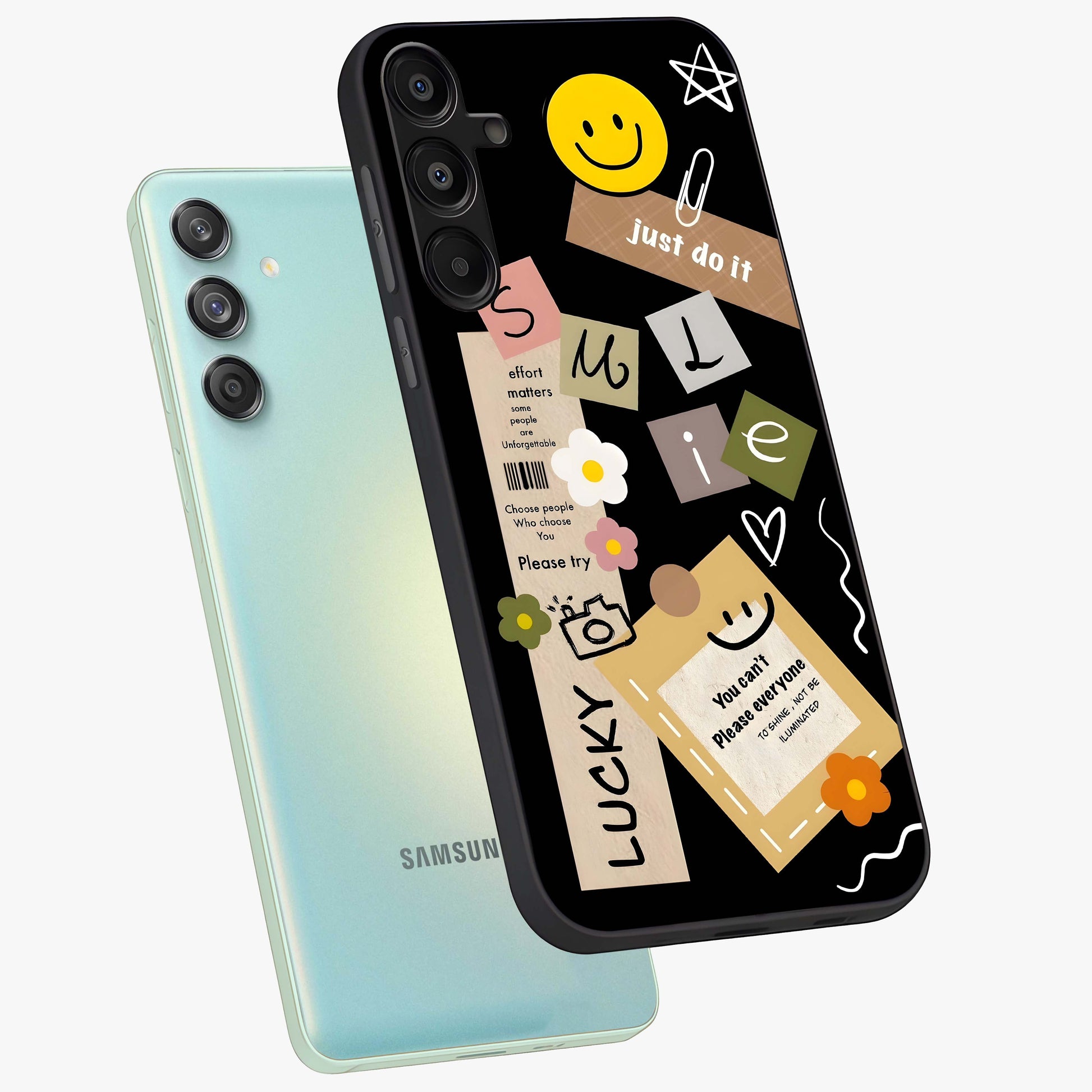 Lucky Aesthetic Collage Glass Case displayed in angled mockup highlighting stylish collage pattern with modern aesthetic vibe.