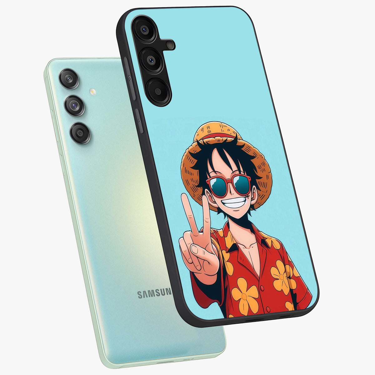 Luffy Summer Anime Vibe Glass Case displayed in angled mockup highlighting energetic anime illustration with summer vibe aesthetic.