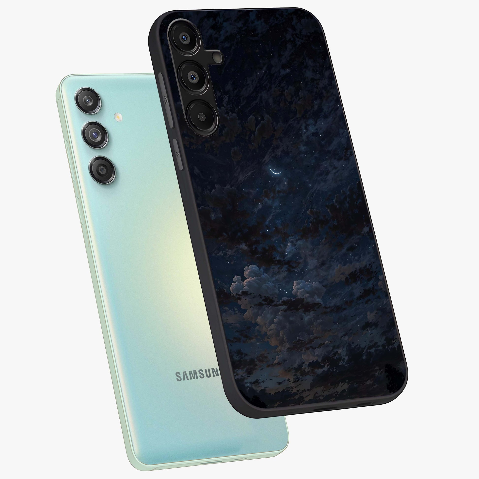 Lunar Veil Silence Glass Case displayed in angled mockup highlighting soft lunar design with peaceful celestial aesthetic.