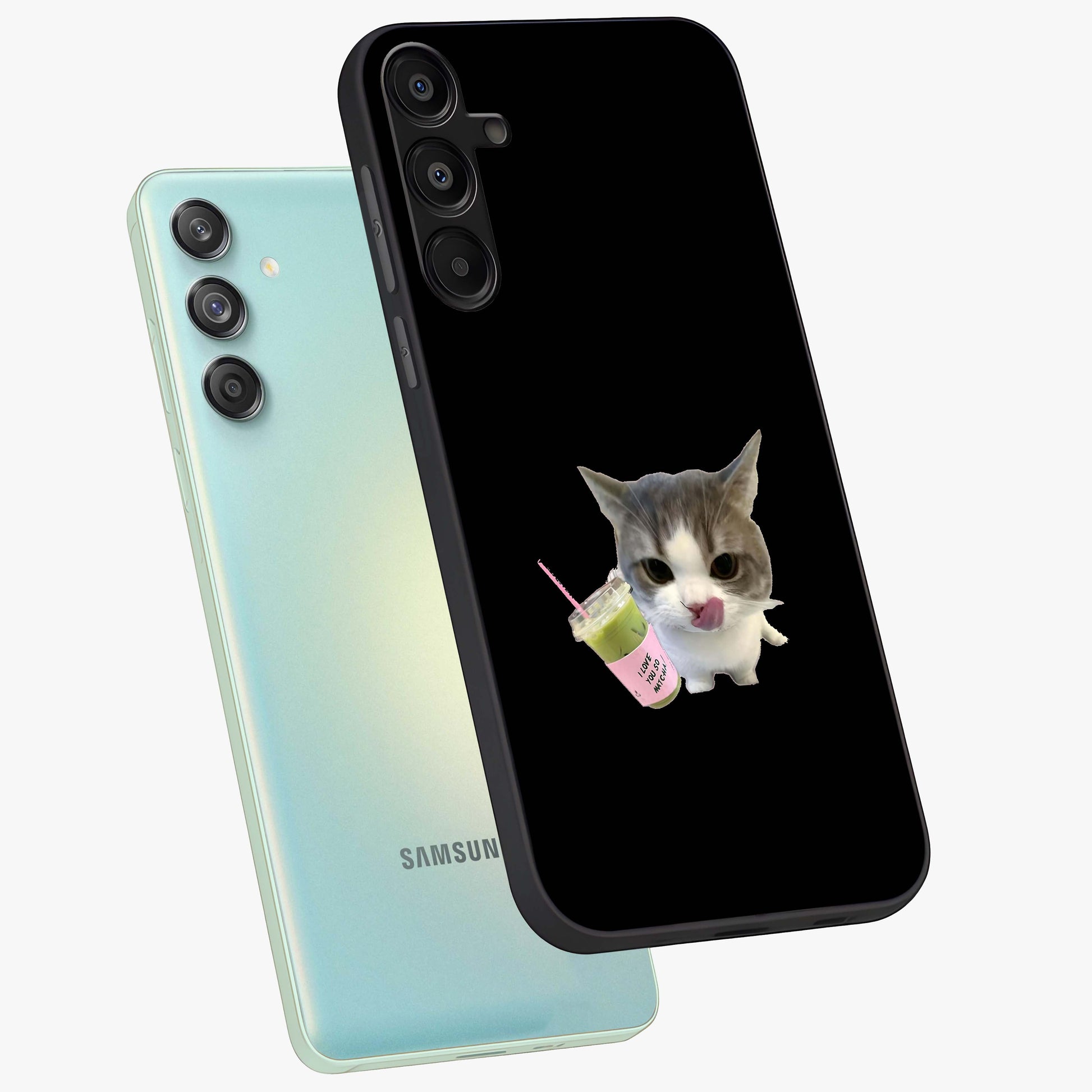 Matcha Cat Style Glass Case displayed in angled mockup highlighting playful feline design with pastel matcha aesthetic.