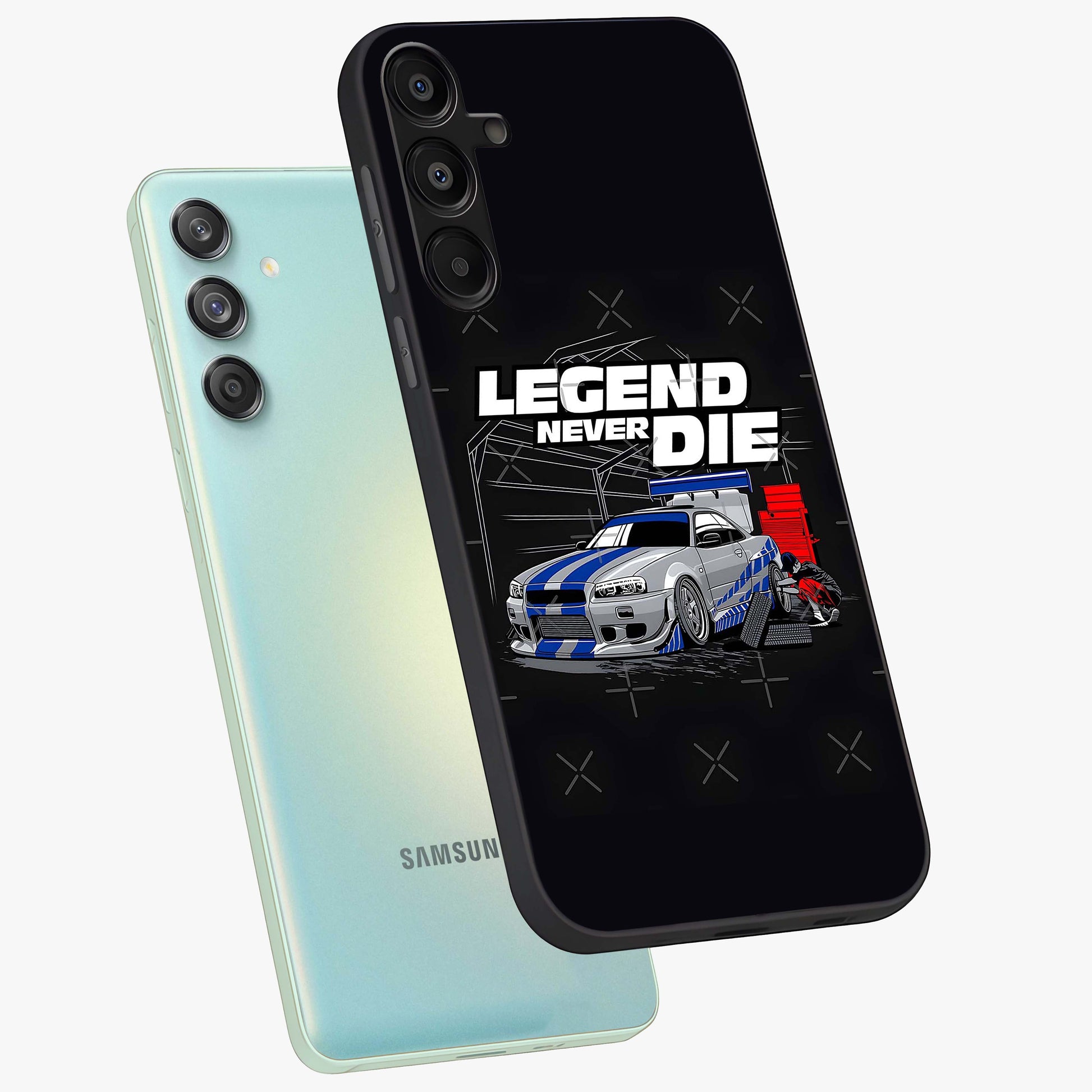 Midnight Racing Legacy Glass Case displayed in angled mockup highlighting dynamic automotive design with bold midnight aesthetic.