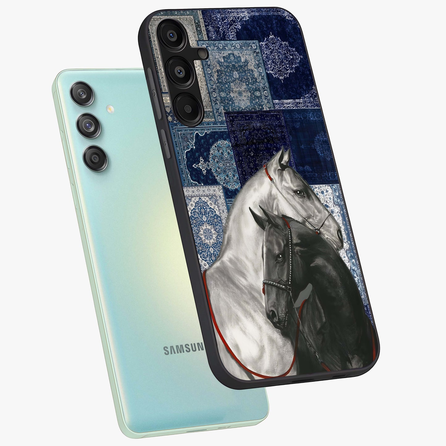 Midnight Stallion Blues Glass Case displayed in angled mockup highlighting powerful stallion illustration with deep midnight tones.