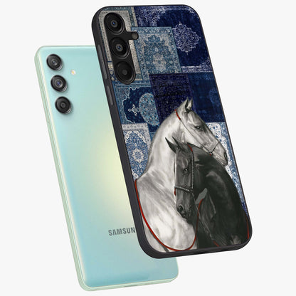 Midnight Stallion Blues Glass Case displayed in angled mockup highlighting powerful stallion illustration with deep midnight tones.
