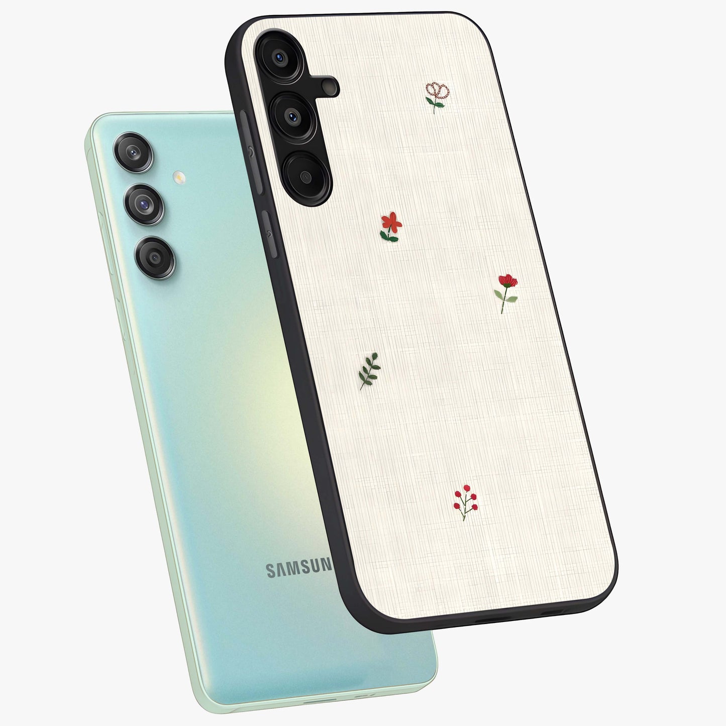 Minimalistic Blue With White Flower Pattern Glass Case displayed in angled mockup highlighting simple floral design with minimal aesthetic.