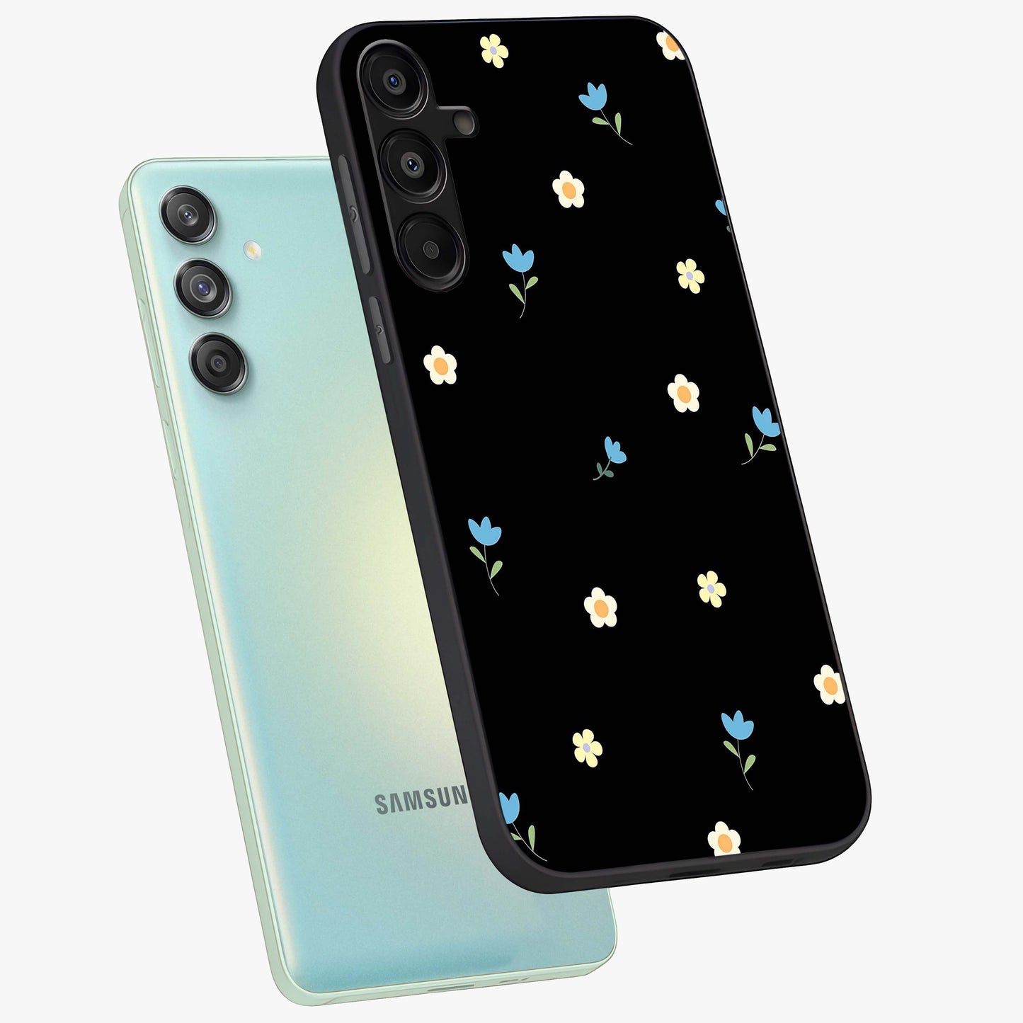Minimal Petal Whispers Glass Case displayed in angled mockup highlighting delicate petal design with clean minimal aesthetic.