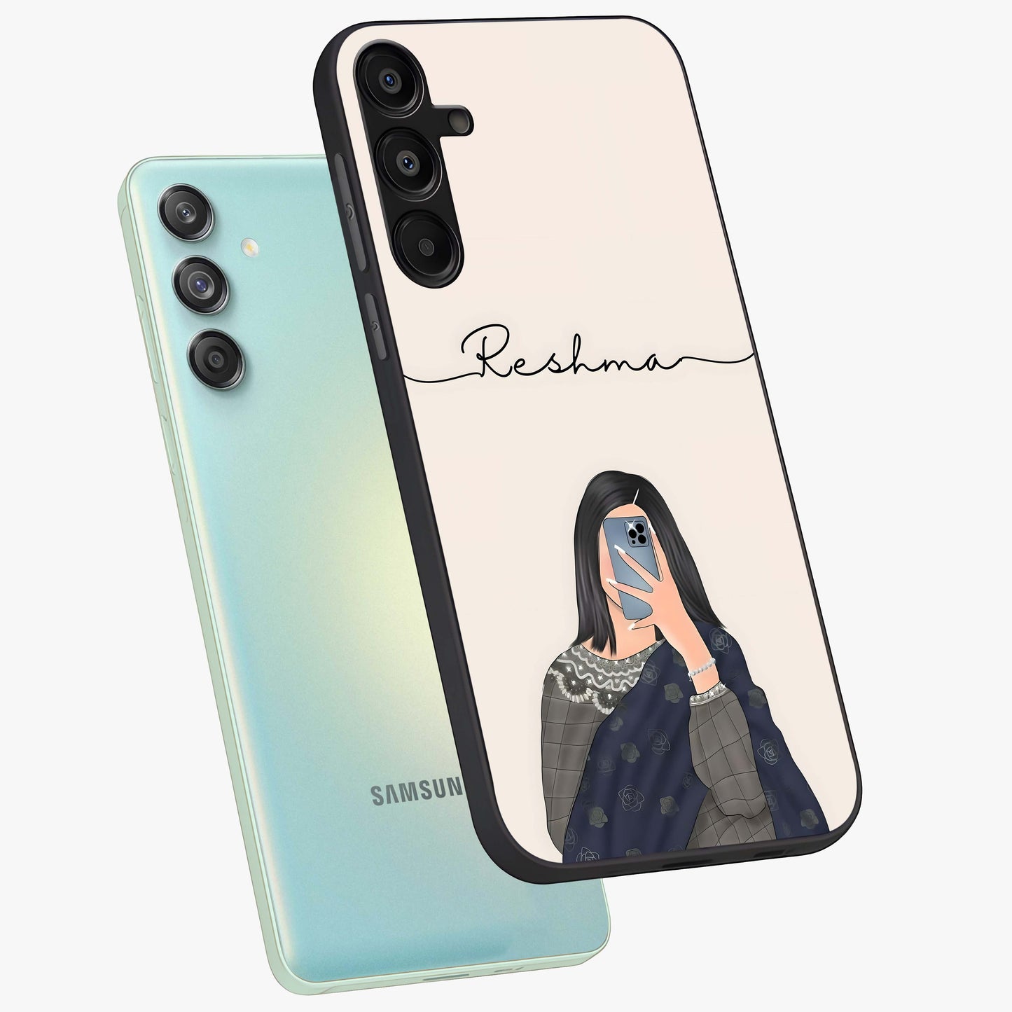 Mirror Mood Muse With Custom Name Glass Case displayed in angled mockup highlighting aesthetic mirror inspired design with custom name feature.