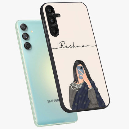 Mirror Mood Muse With Custom Name Glass Case displayed in angled mockup highlighting aesthetic mirror inspired design with custom name feature.