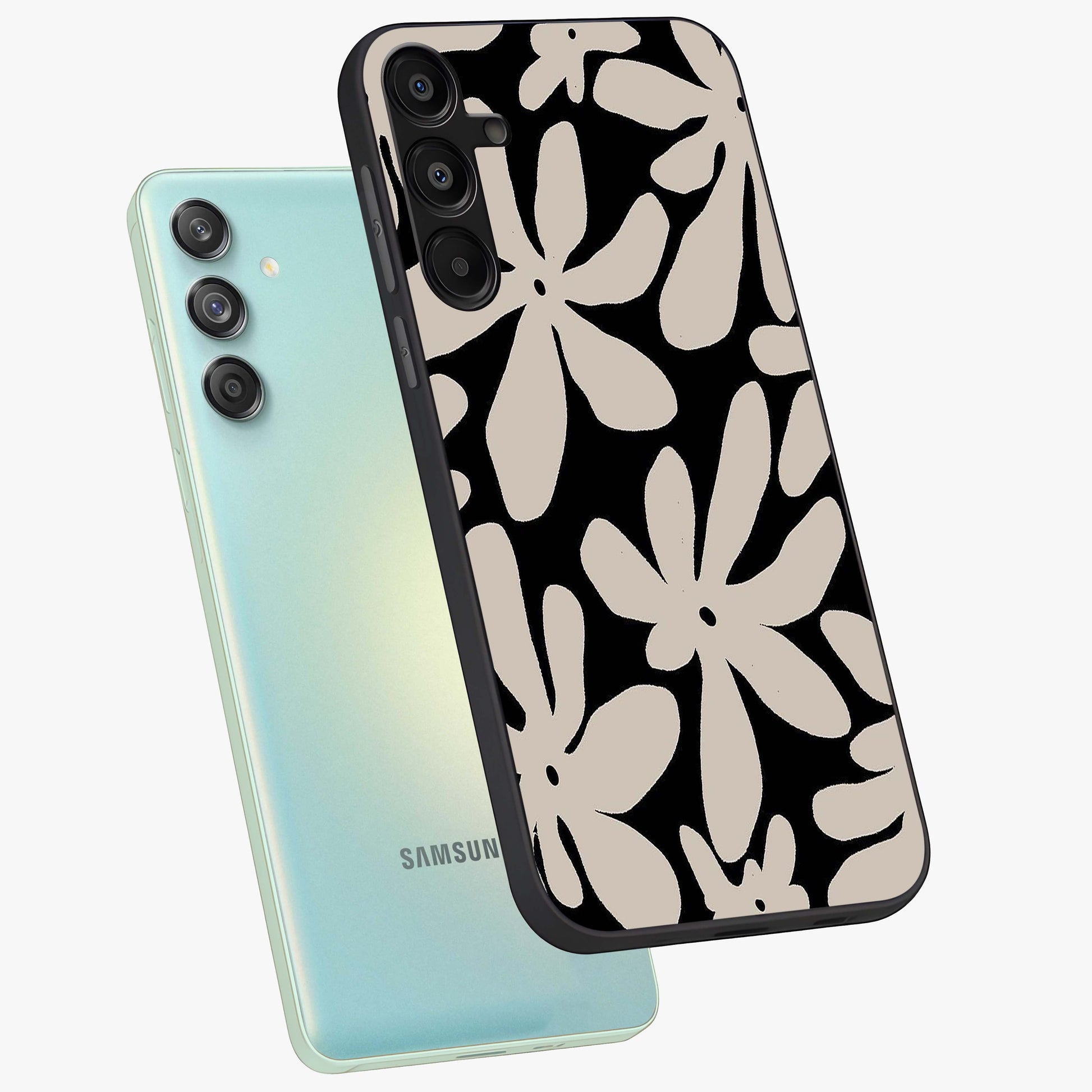 Monochrome Petal Dance Glass Case displayed in angled mockup highlighting elegant petal design with black and white aesthetic.