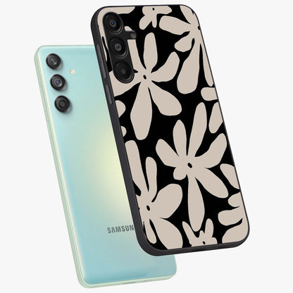 Monochrome Petal Dance Glass Case displayed in angled mockup highlighting elegant petal design with black and white aesthetic.