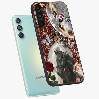 Moonlit Royal Stallion Glass Case displayed in angled mockup highlighting powerful stallion illustration with royal night aesthetic.