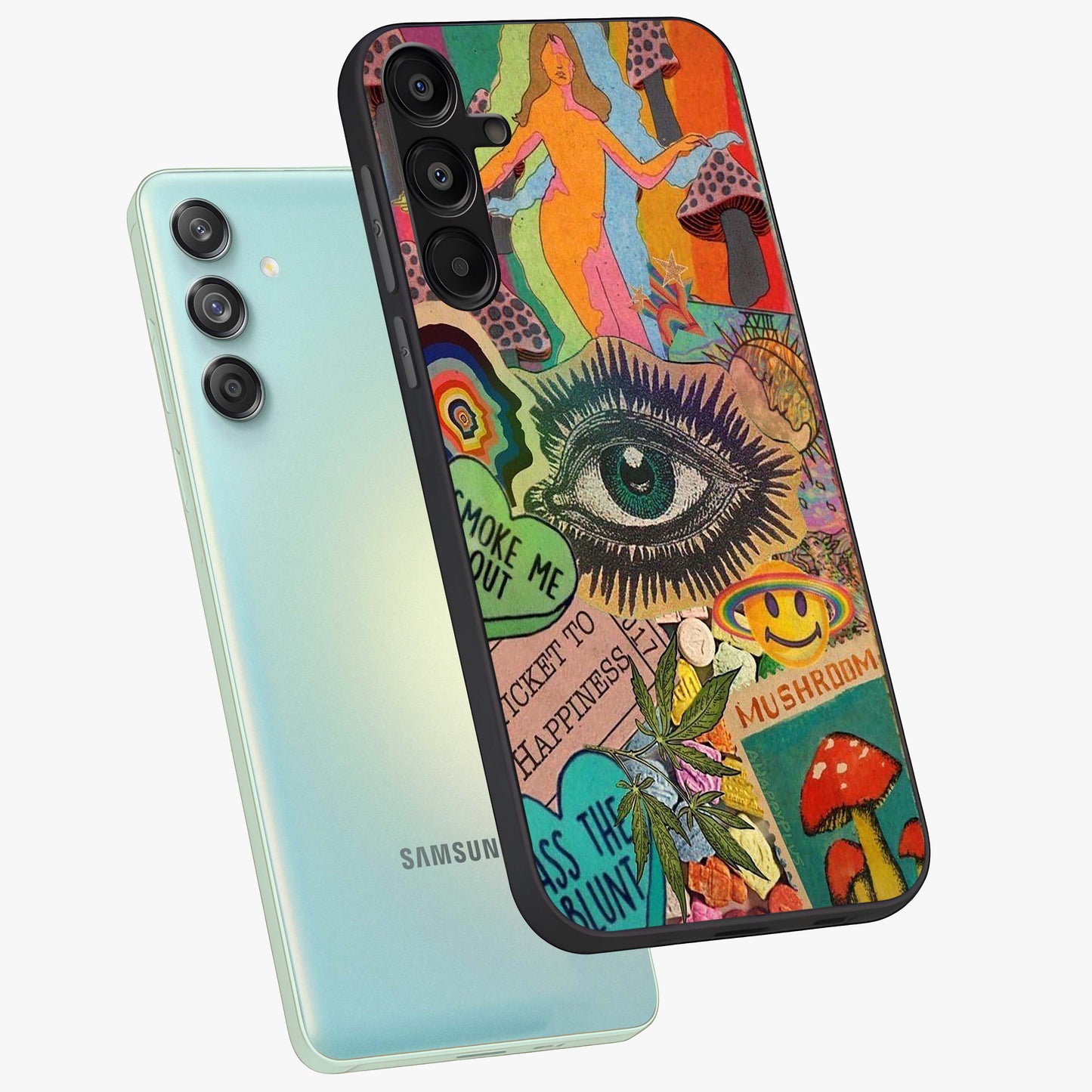 Mystic Eye Wonderland Glass Case displayed in angled mockup highlighting magical eye illustration with dreamy aesthetic.