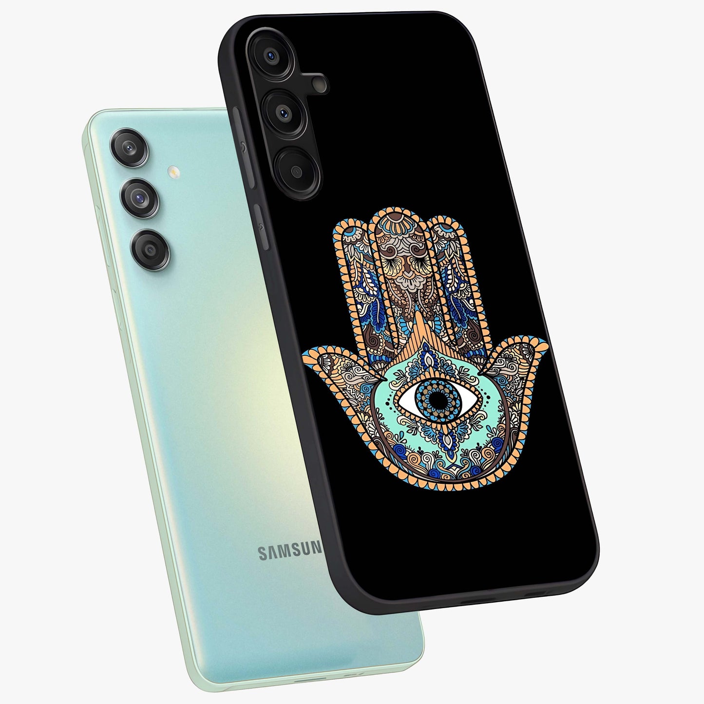 Mystic Hamsa Eye Glass Case displayed in angled mockup highlighting spiritual hamsa symbol with mystical aesthetic style.