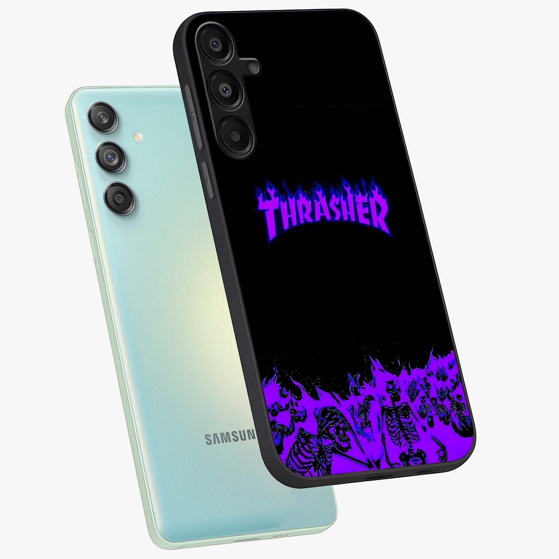 Neon Flame Riot Glass Case displayed in angled mockup highlighting glowing flame design with vibrant neon aesthetic.