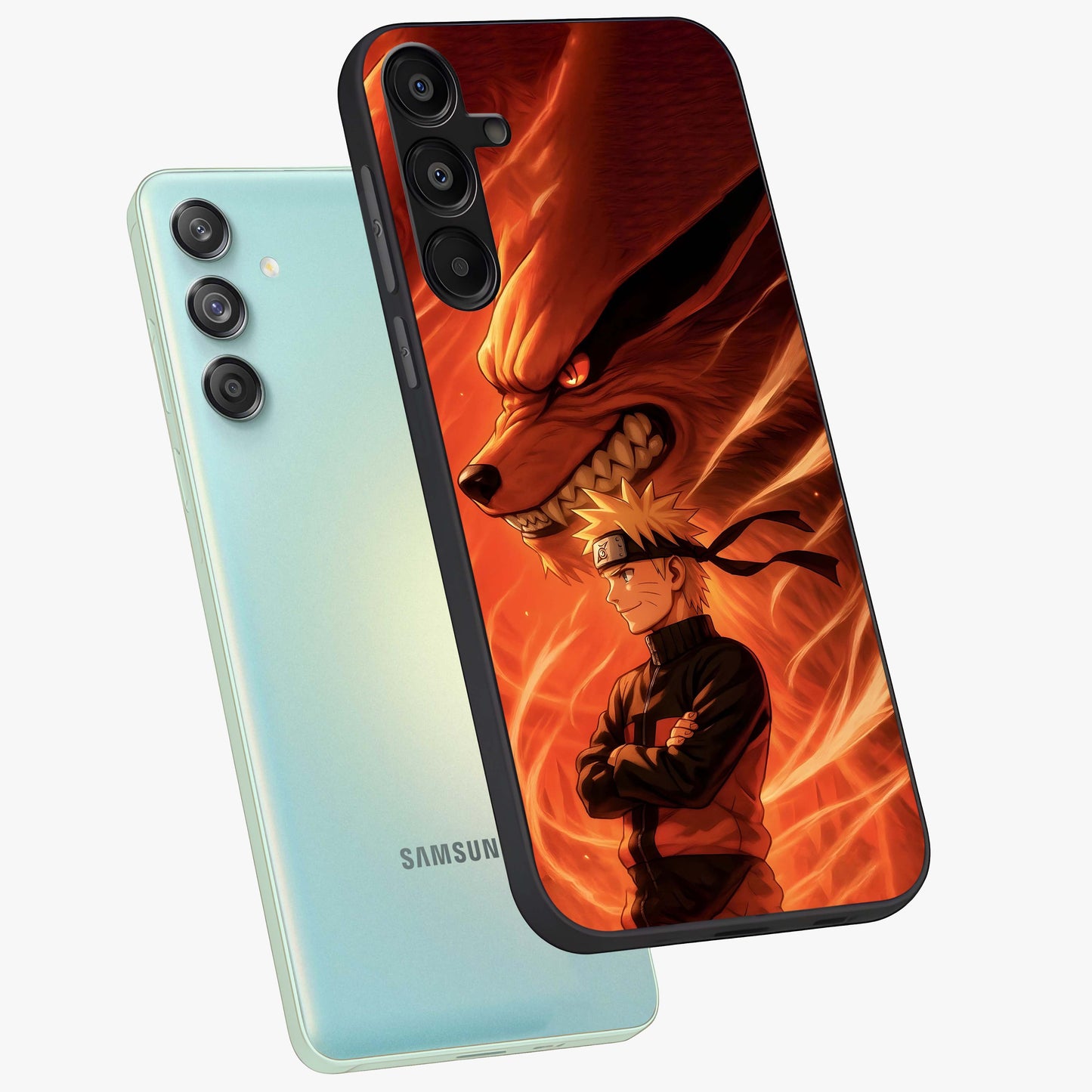 Nine Tails Legacy Glass Case displayed in angled mockup highlighting dynamic anime beast illustration with bold mystical aesthetic.