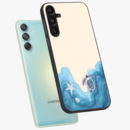 Ocean Drift Turtle Glass Case displayed in angled mockup highlighting peaceful ocean turtle illustration with marine aesthetic.