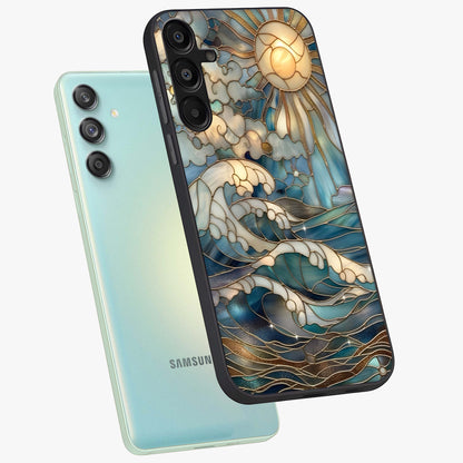 Oceanic Stained Printed Glass Case displayed in angled mockup highlighting colorful aquatic design with artistic aesthetic style.