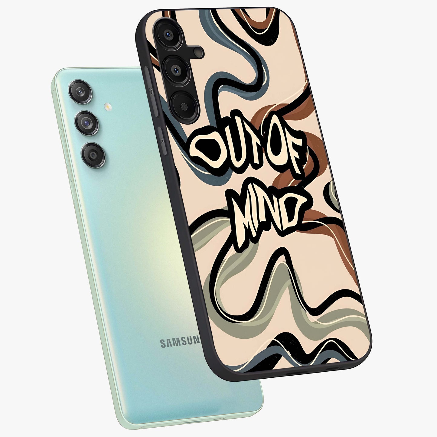 Out Of Mind Glass Case displayed in angled mockup highlighting bold statement design with modern artistic aesthetic.