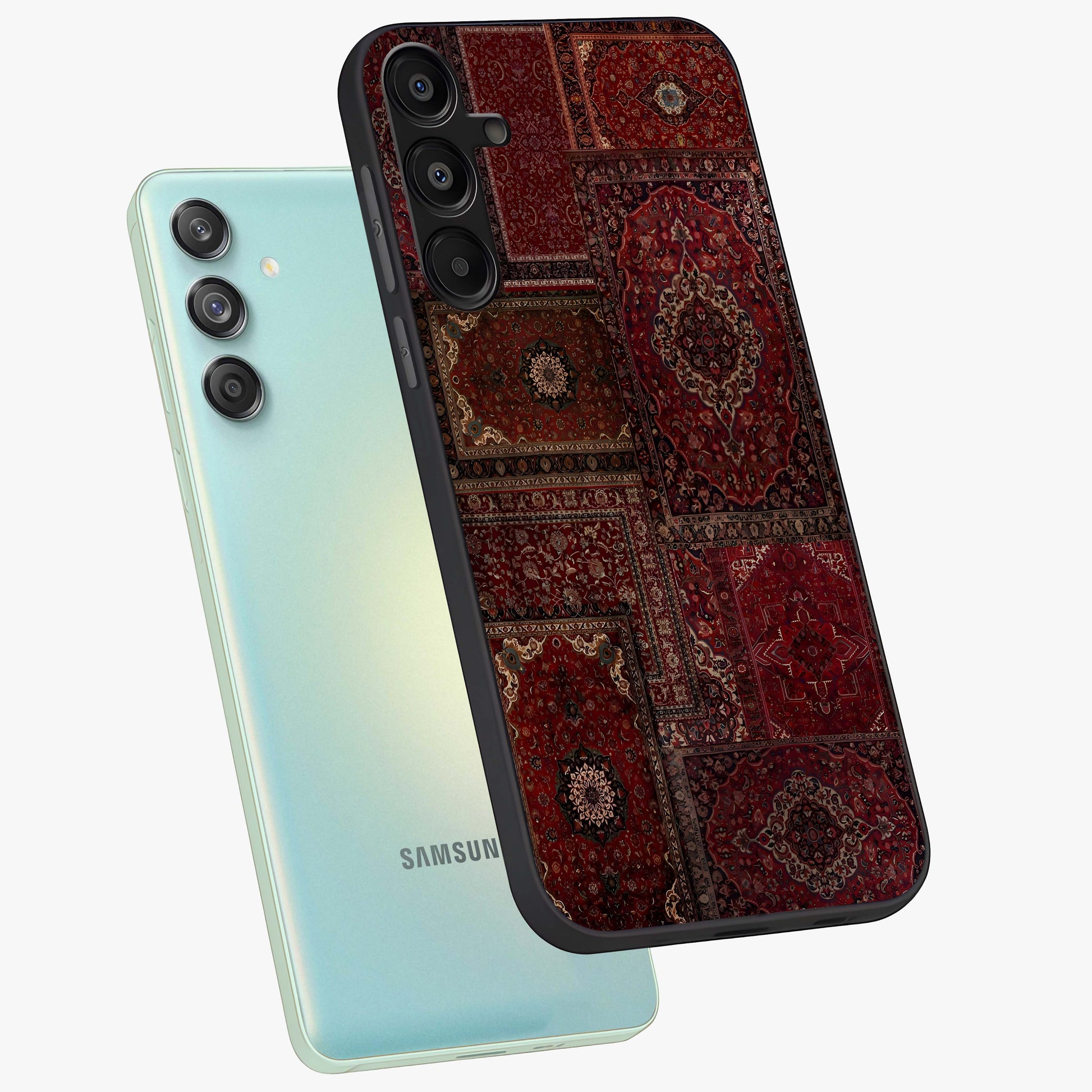 Persian Velvet Tale Glass Case displayed in angled mockup highlighting ornate textile inspired design with royal aesthetic.