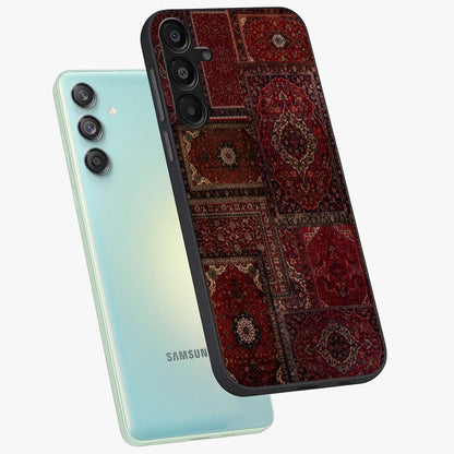 Persian Velvet Tale Glass Case displayed in angled mockup highlighting ornate textile inspired design with royal aesthetic.