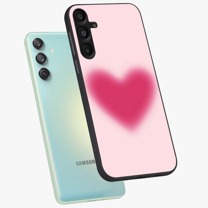 Pink Aura Heart Glass Case displayed in angled mockup highlighting vibrant pink heart design with dreamy aura aesthetic.
