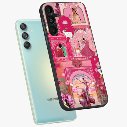 Pink Palace Muse Glass Case displayed in angled mockup highlighting dreamy palace illustration with soft pink aesthetic.