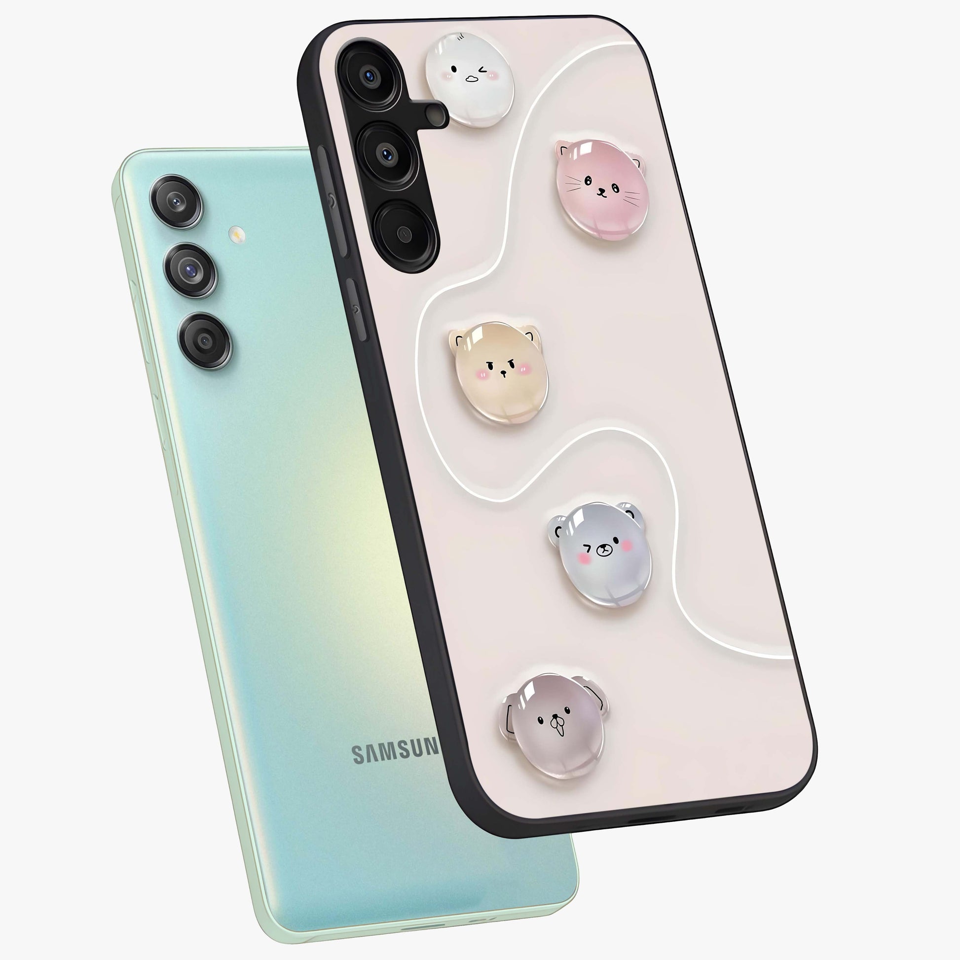 Puffy Face Parade Glass Case displayed in angled mockup highlighting playful cartoon face design with fun aesthetic.