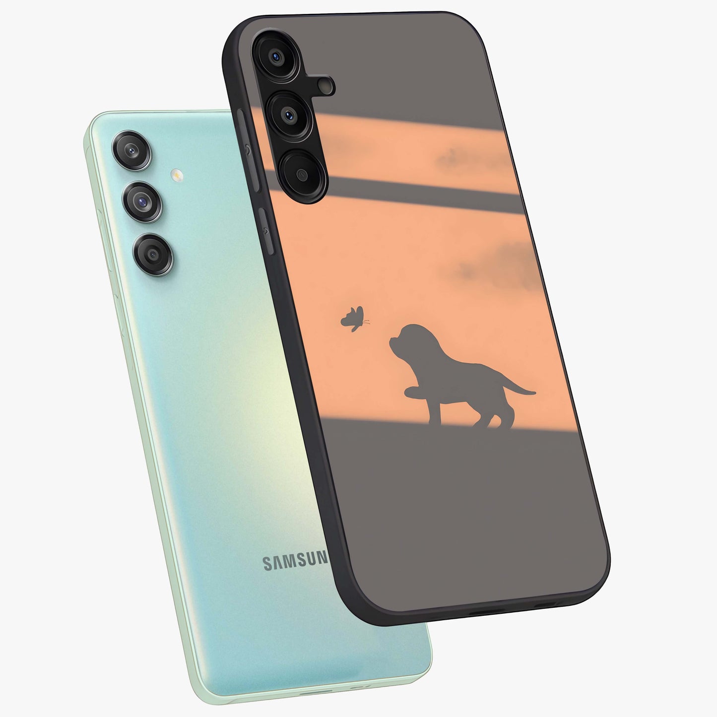 Puppy Shadow Art Glass Case displayed in angled mockup highlighting playful dog illustration with artistic shadow aesthetic.