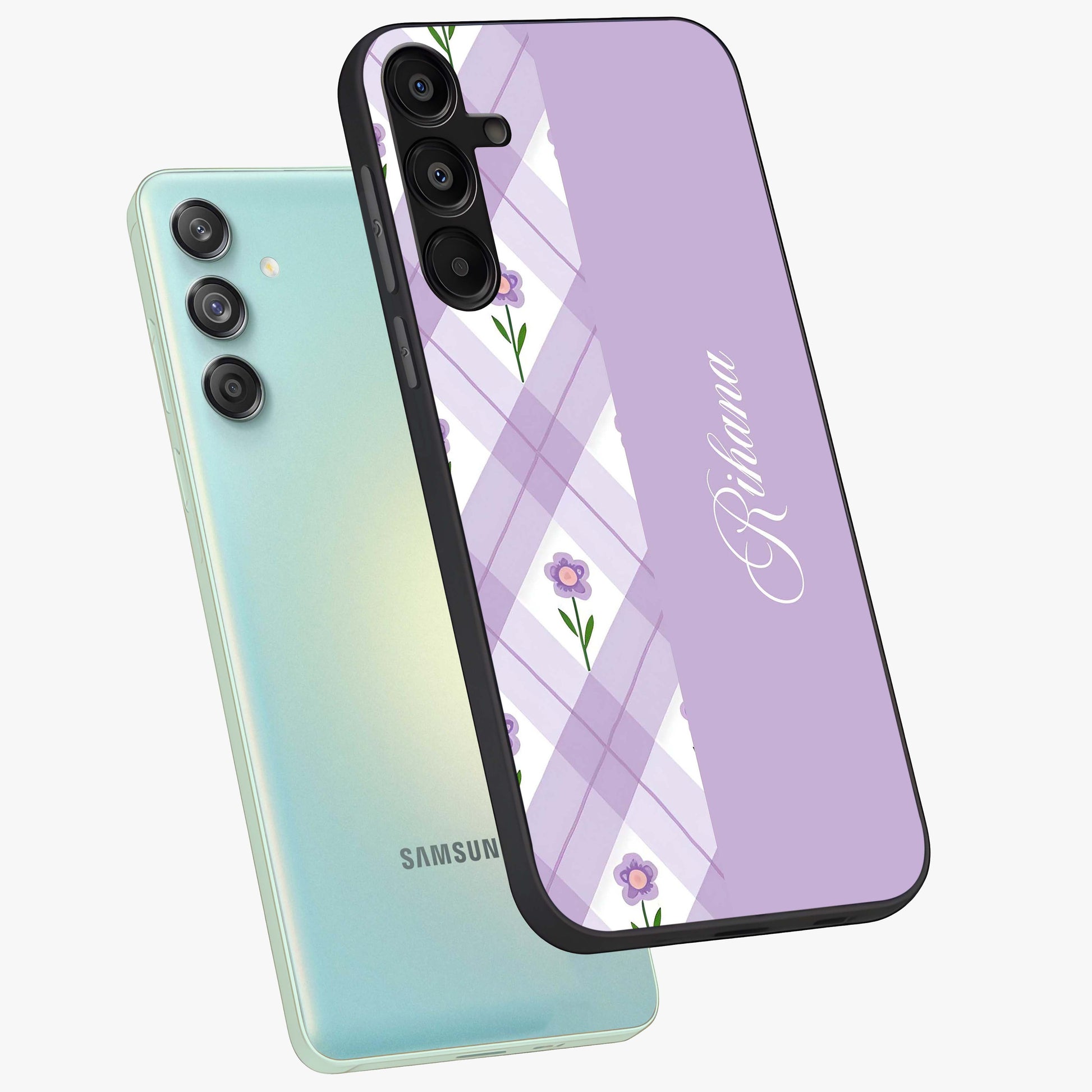 Purple Diamond Floral Glass Case displayed in angled mockup highlighting elegant purple flower design with decorative pattern.