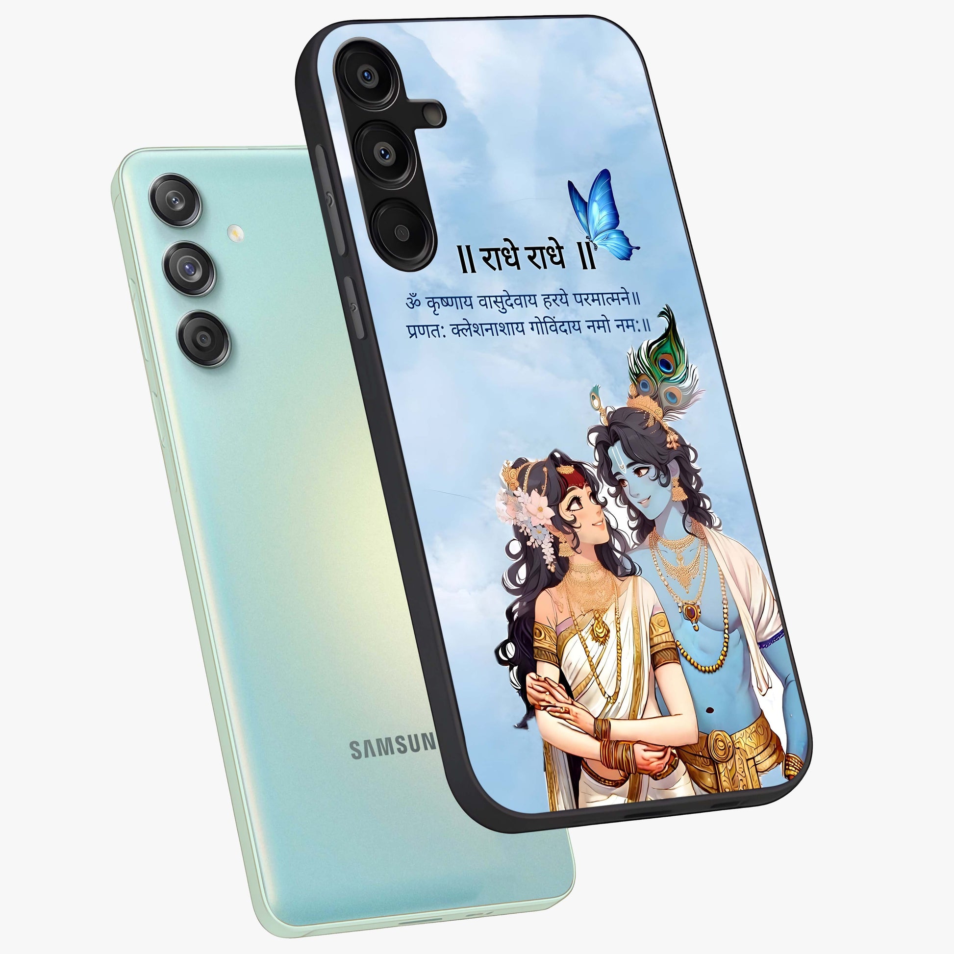 Radha Krishna Eternal Glass Case displayed in angled mockup highlighting divine Radha Krishna illustration with spiritual aesthetic.