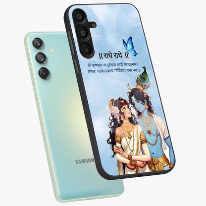 Radha Krishna Eternal Glass Case displayed in angled mockup highlighting divine Radha Krishna illustration with spiritual aesthetic.
