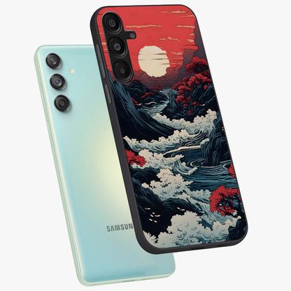 Red Sunset Scenery Glass Case displayed in angled mockup highlighting glowing sunset sky design with scenic aesthetic.