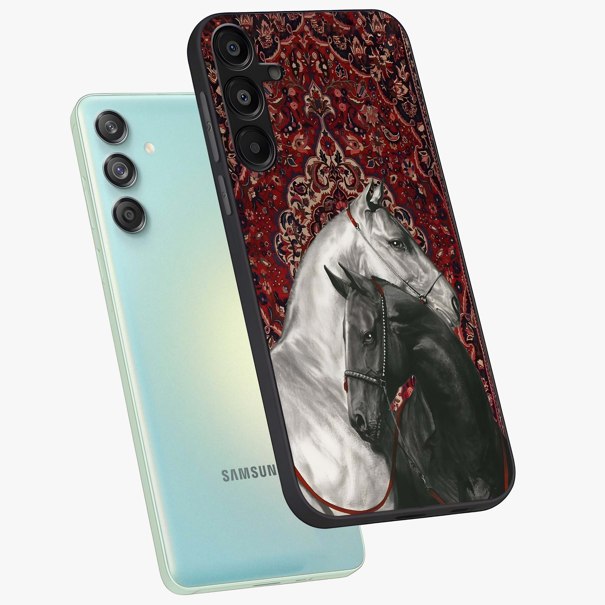 Regal Stallion Tapestry Glass Case displayed in angled mockup highlighting royal stallion design with decorative heritage aesthetic.