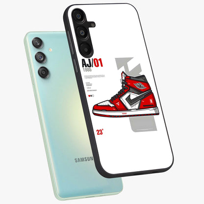 Retro Sneaker Blueprint Glass Case displayed in angled mockup highlighting detailed shoe design with sporty retro aesthetic.