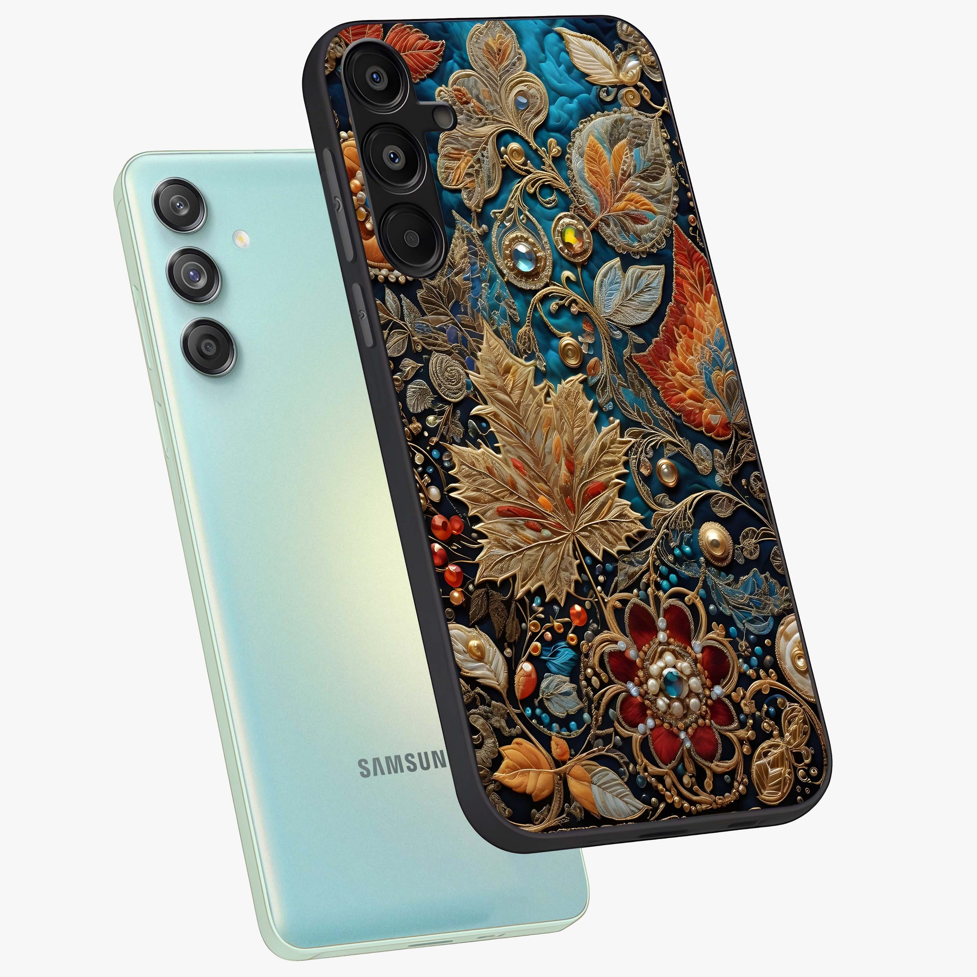 Royal Jewel Garden Glass Case displayed in angled mockup highlighting vibrant jewel inspired floral design with elegant aesthetic.
