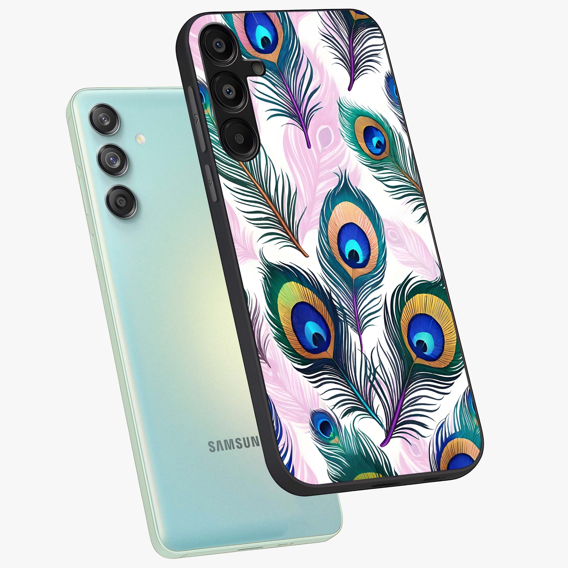 Royal Peacock Feathers Glass Case displayed in angled mockup highlighting vibrant feather pattern with regal aesthetic style.