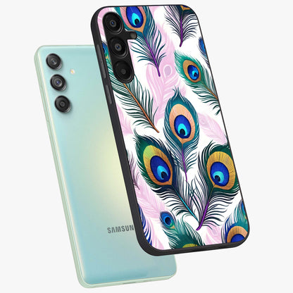 Royal Peacock Feathers Glass Case displayed in angled mockup highlighting vibrant feather pattern with regal aesthetic style.