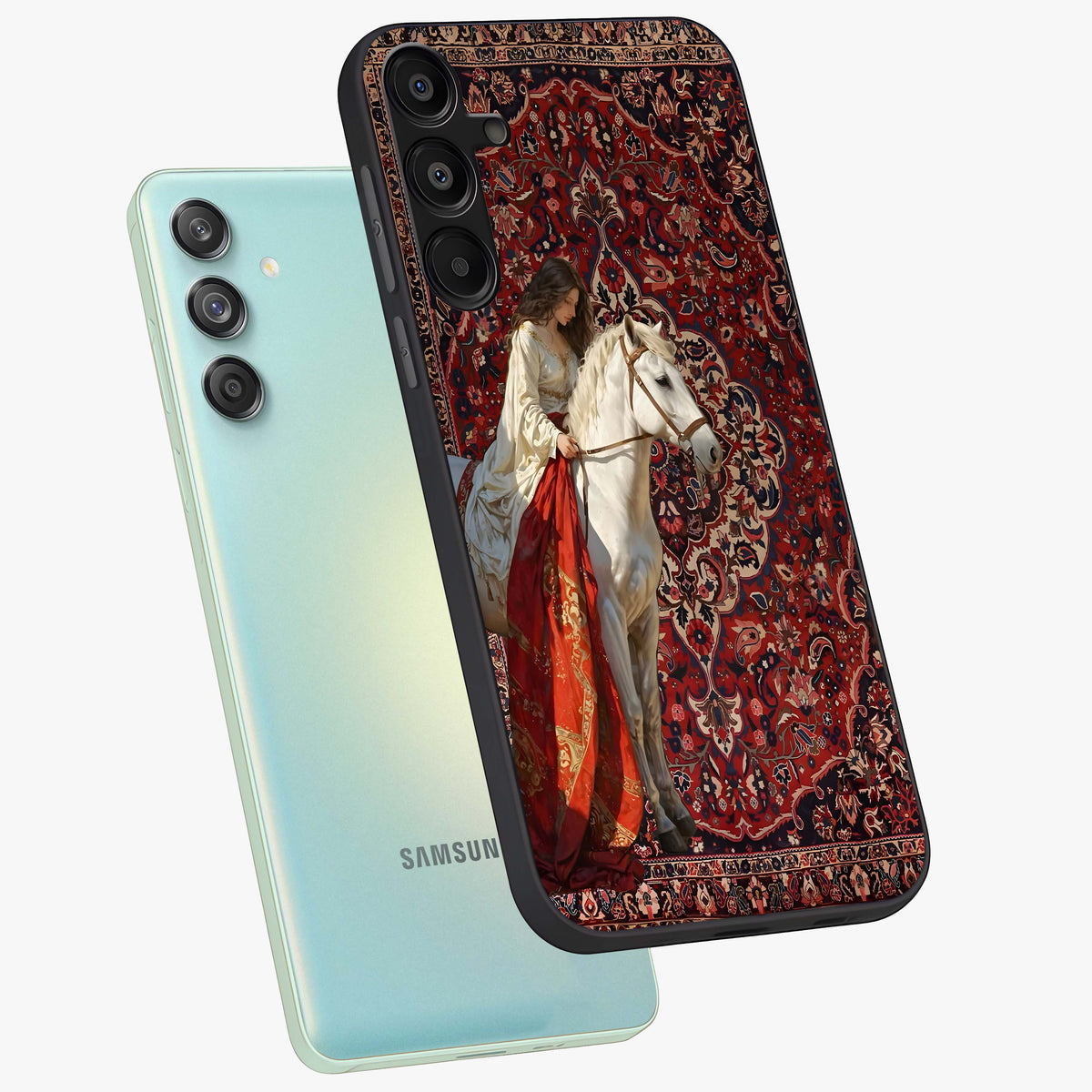 Royal Rider Tapestry Glass Case displayed in angled mockup highlighting traditional tapestry design with royal heritage aesthetic.