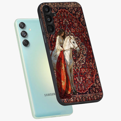 Royal Rider Tapestry Glass Case displayed in angled mockup highlighting traditional tapestry design with royal heritage aesthetic.