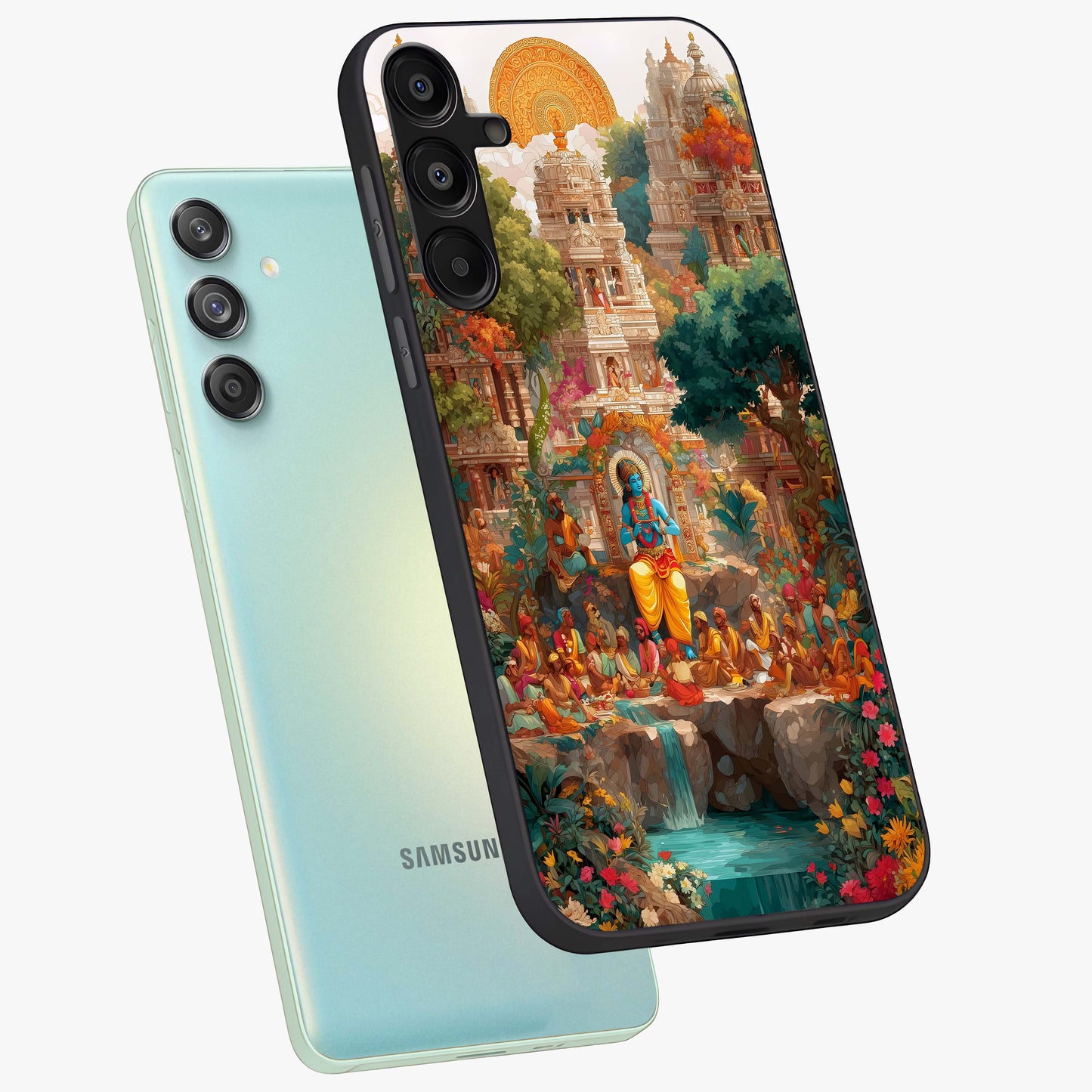 Sacred Sunlight Gods Glass Case displayed in angled mockup highlighting radiant spiritual design with celestial aesthetic.