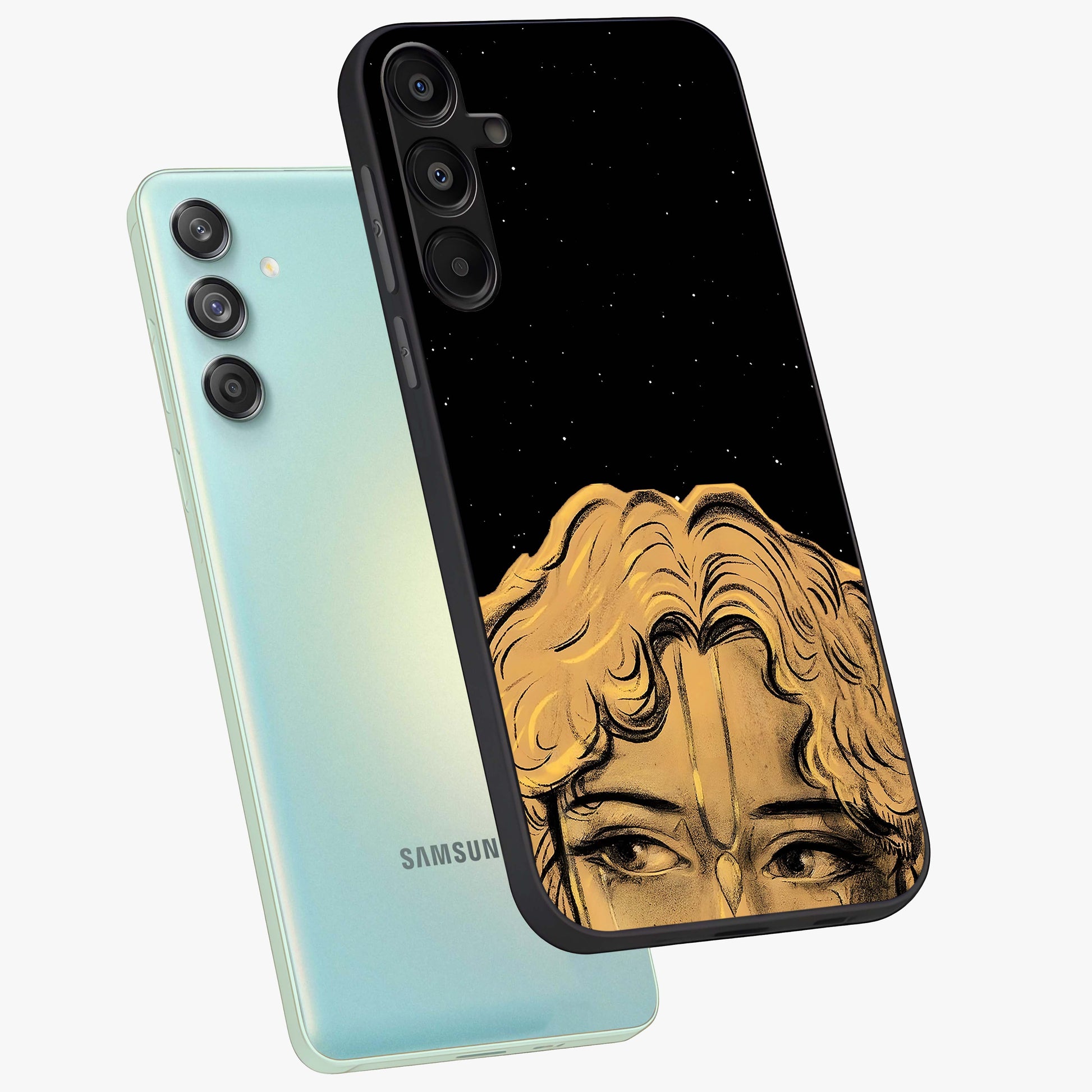 Shri Krishna Art Glass Case displayed in angled mockup highlighting spiritual Krishna illustration with divine aesthetic.
