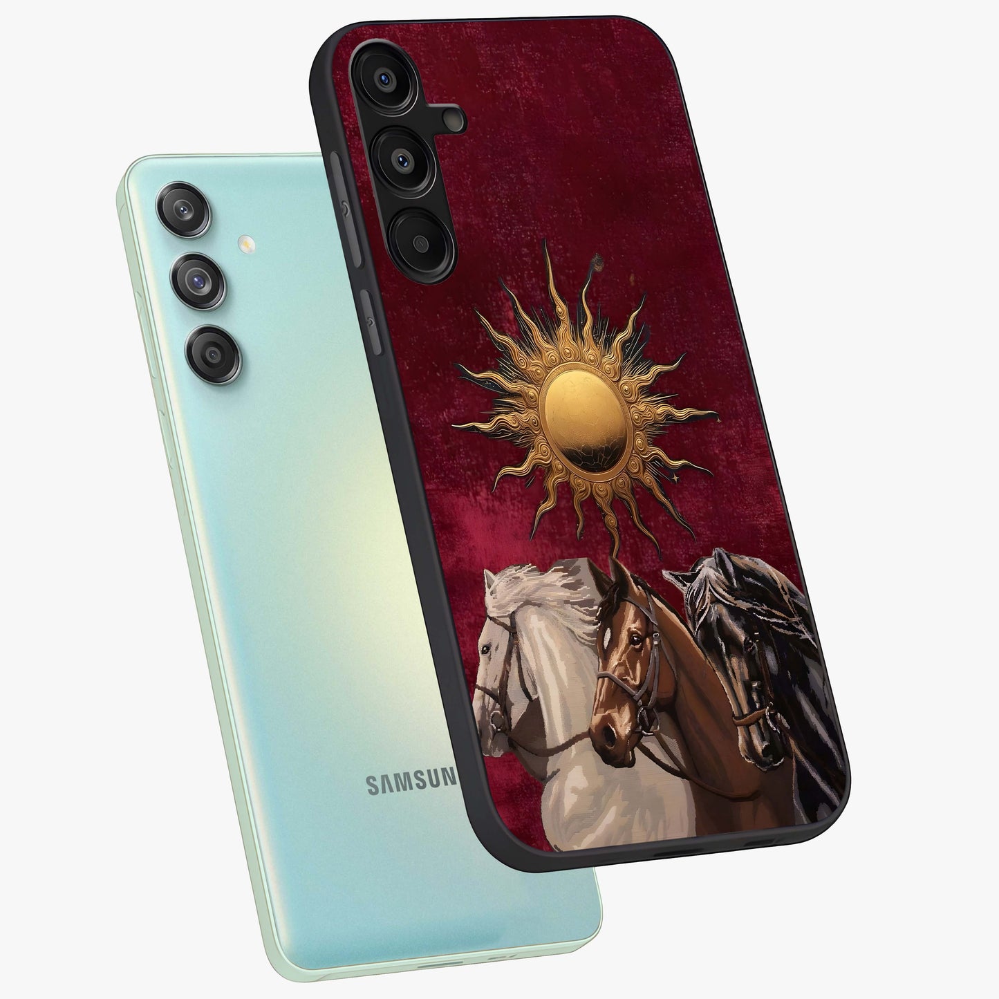 Solar Riders Glass Case displayed in angled mockup highlighting powerful rider illustration with radiant solar aesthetic.