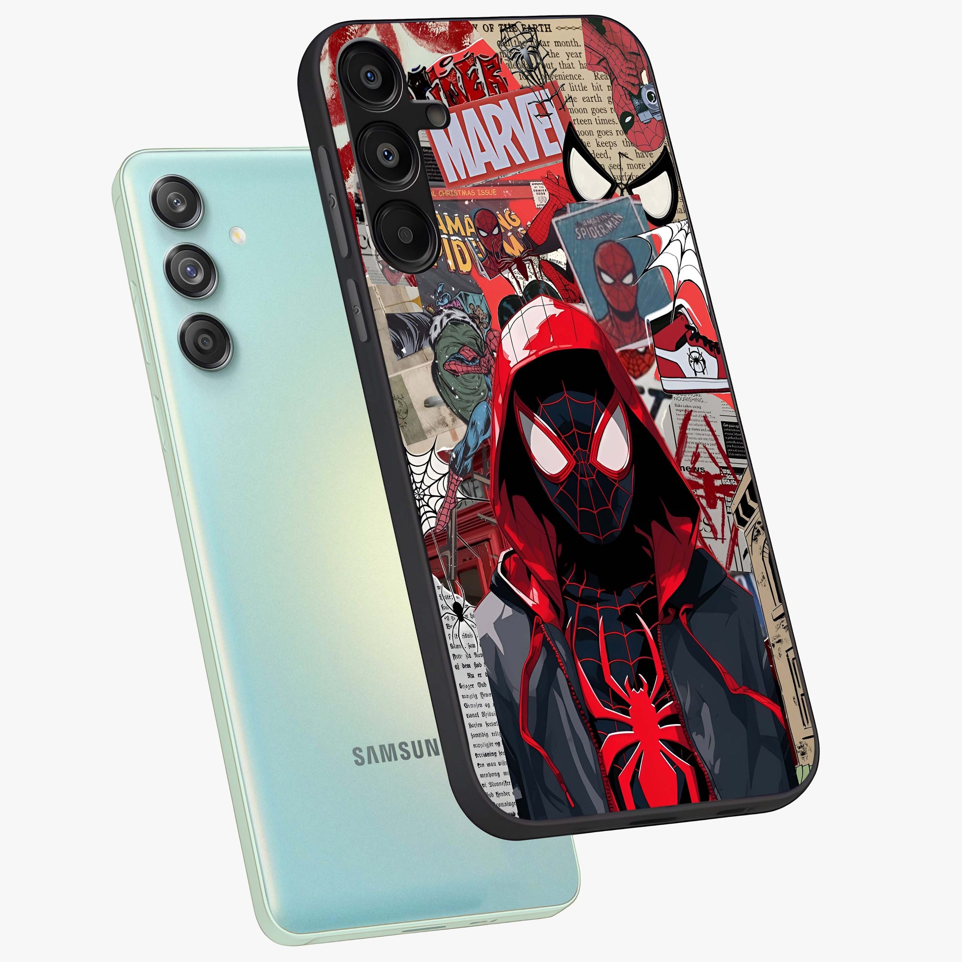 Spider Collage Street Glass Case displayed in angled mockup highlighting dynamic street style collage design with comic aesthetic.