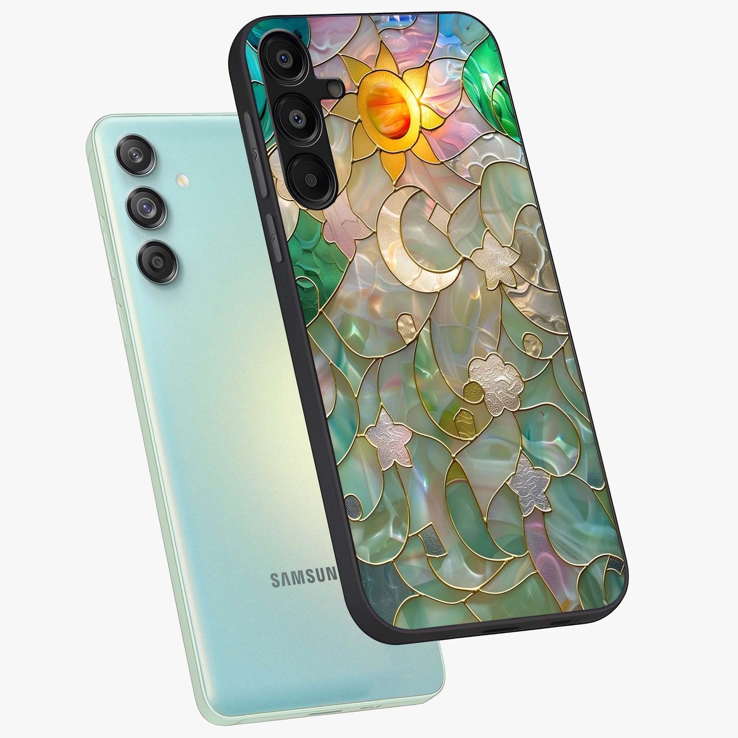 Stained Sunrise Glow Glass Case displayed in angled mockup highlighting radiant sunrise design with artistic aesthetic style.