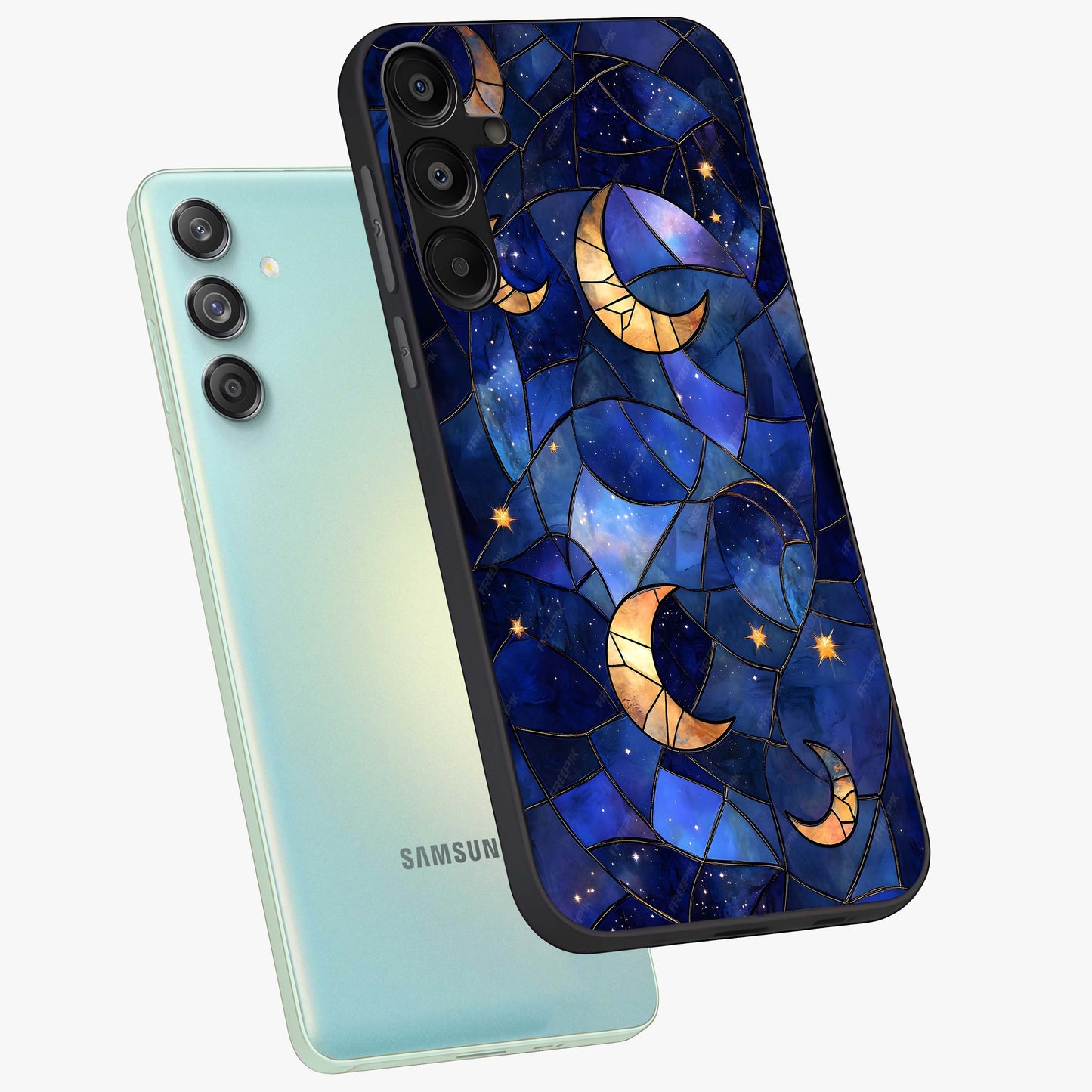 Starlit Sky Tapestry Glass Case displayed in angled mockup highlighting celestial night pattern with artistic aesthetic style.