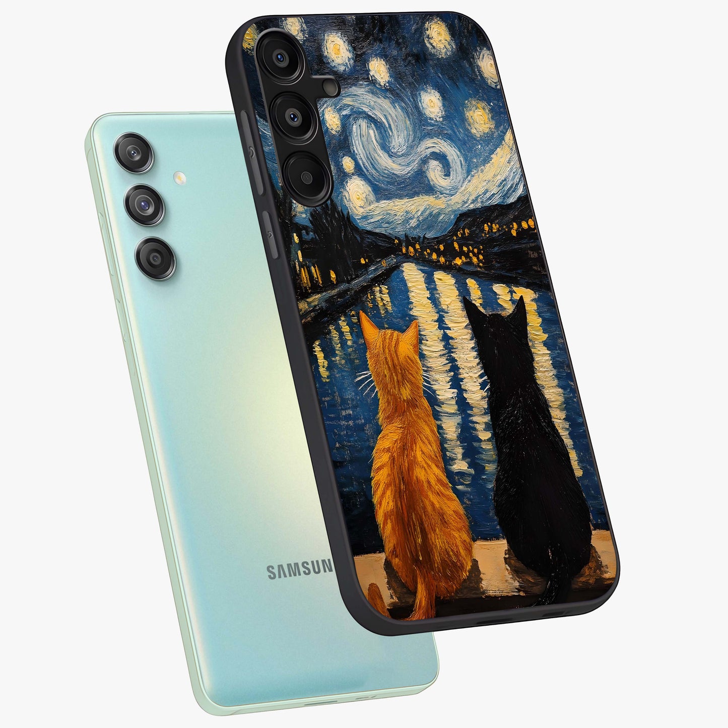 Starry River Cats Glass Case displayed in angled mockup highlighting charming feline illustration with dreamy night aesthetic.
